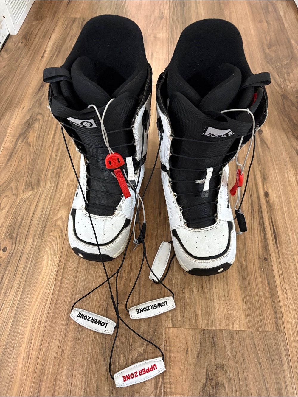 Burton Black and White Snowboard Boots with Red Accents